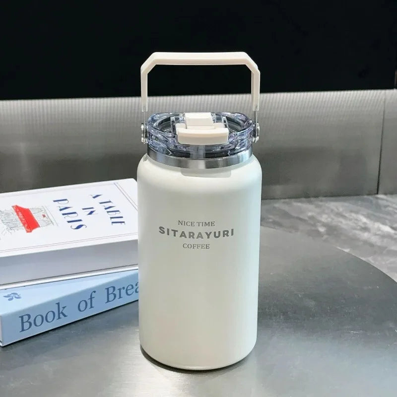 Axyaa Stainless Steel Vacuum Flask Insulated Cup with Handle, Straw, Cold&Hot Thermos Mug.