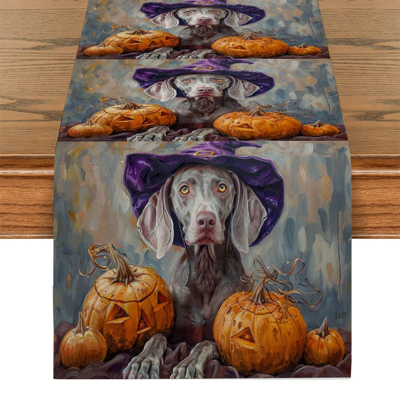 Axyaa Halloween Dog Wizard Hat Pumpkin Table Runner