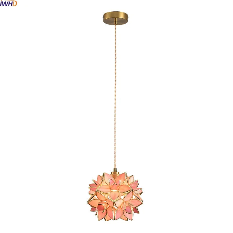 Axyaa Pink Glass Flower LED Pendant Lamp with Gold Retro Base