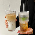 Axyaa Stripe Glass Cup with Lid & Straw, 600ml, Drinkware for Coffee, Juice, Milk, Tea