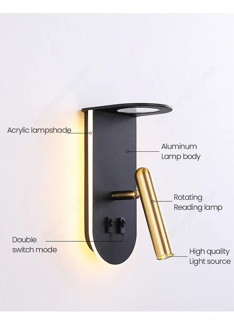 Nordic Bedside Sconce Wall Light Rotatable for Living Room by Axyaa