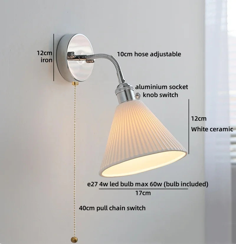 Axyaa White Ceramic LED Wall Light with Pull Chain Switch