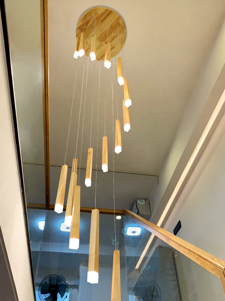 Axyaa Nordic Loft Rotating Wooden Chandelier - LED Staircase Pendant Light