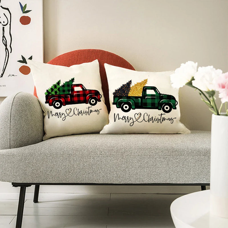 Axyaa Christmas Pickup Trucks Linen Cushion Covers 45x45 for Modern Home Decor