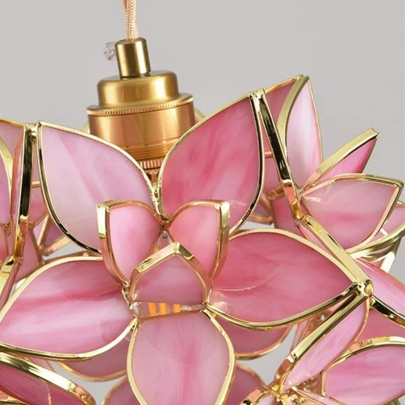 Axyaa Pink Glass Flower LED Pendant Lamp with Gold Retro Base