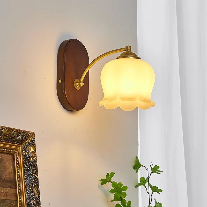 Axyaa Japanese Style LED Wall Lights Copper Wood Bedside Lamp