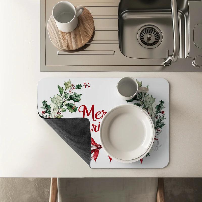 Axyaa Christmas Bow Dish Drying Mat: Heat Resistant, Non-slip Kitchen Drain Pad
