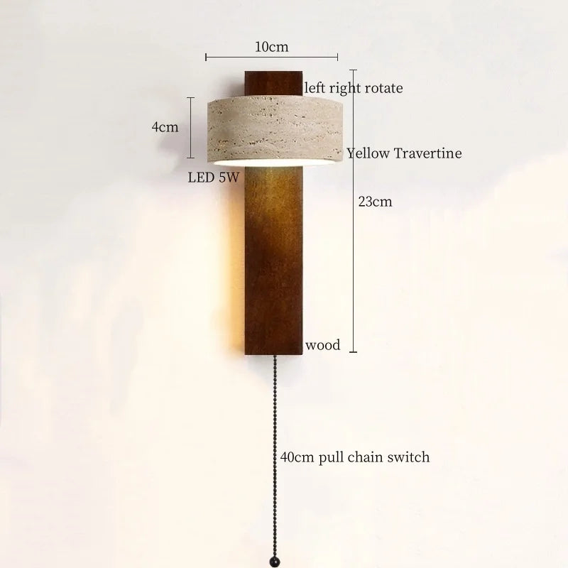 Axyaa Wabi Sabi LED Wall Lamps Wood Yellow Travertine Pull Chain Switch Rotate Bedroom Living Room Lights