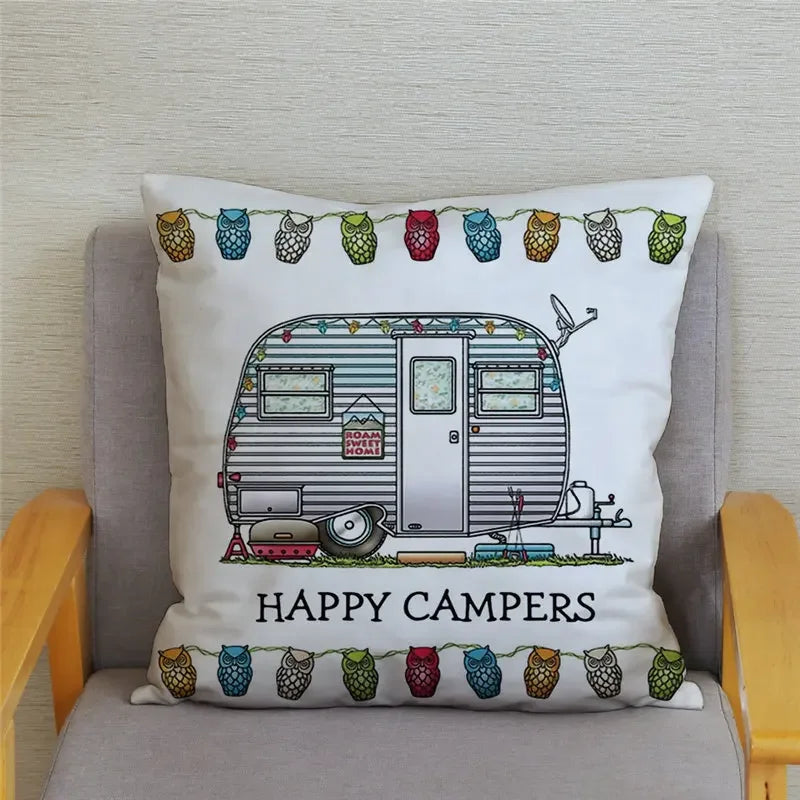 Happy Campers Owl Motorhome Print Pillow Case by Axyaa