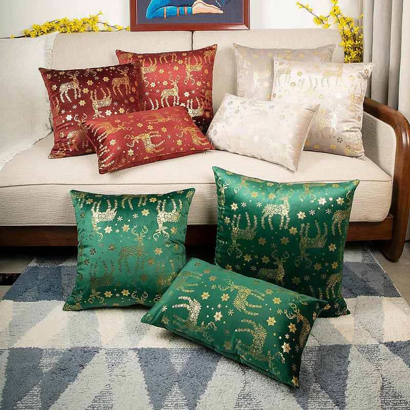 Axyaa Christmas Deer Snowflake Velvet Pillow Cover in Red Green, 30x50cm 45x45cm 50x50cm