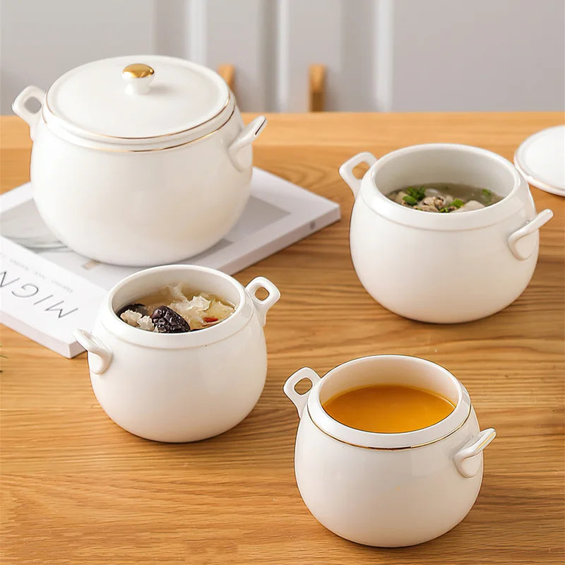 Axya Pure White Gold Edge Stew Bowl with Lid - Korean Design Soup & Dessert Cup