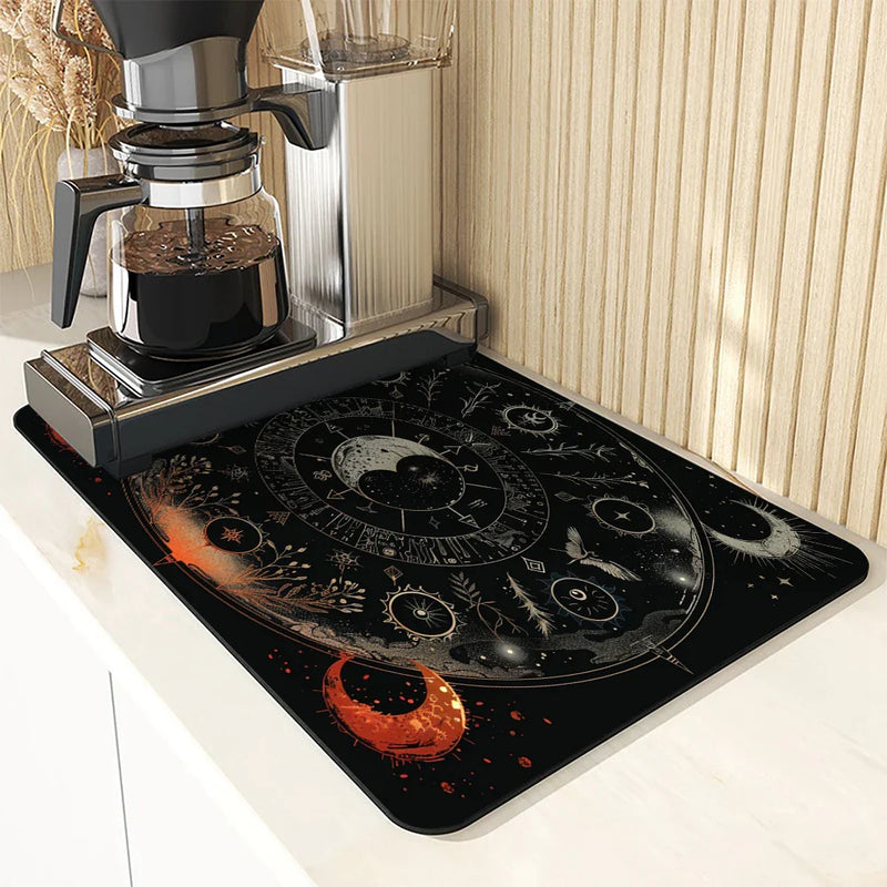 Axyaa Astrology Plants Sun Moon Drying Mat, Non-Slip Absorbent Table Placemat