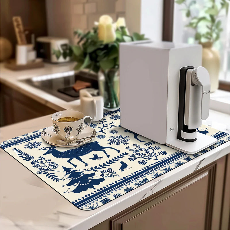 Christmas Deer Silhouette Non-Slip Drying Mat for Kitchen Counters and Tables by Axyaa
