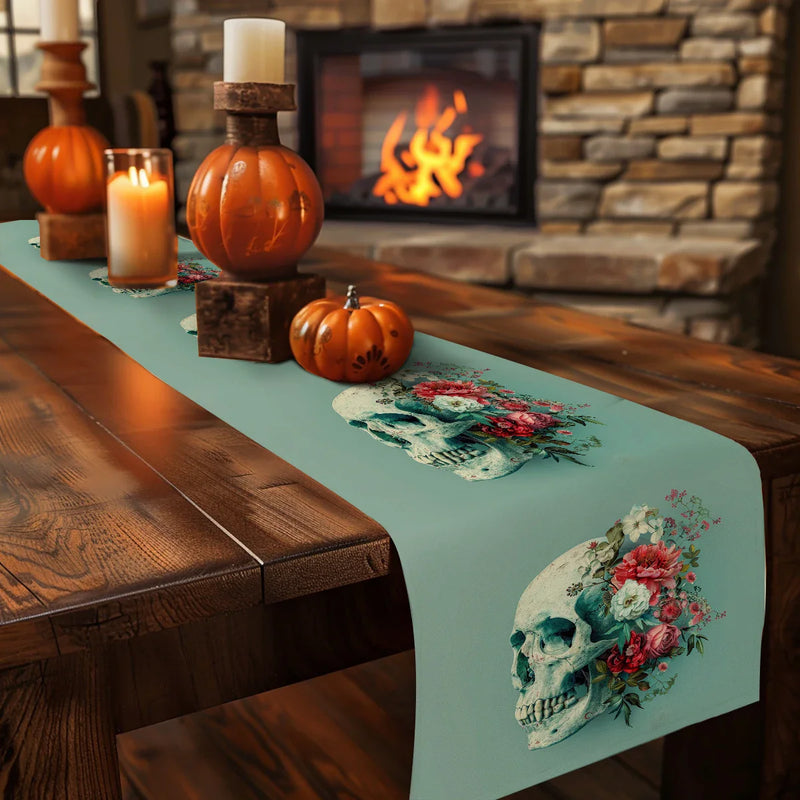 Skull Flower Table Runner: Rustic Axyaa Decor for Dining, Wedding, Party