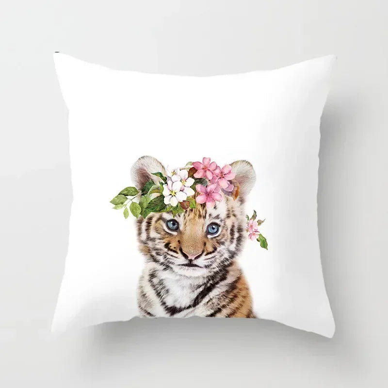 Cute Animals Print Decor Pillowcase by Axyaa - Pink Flower Theme