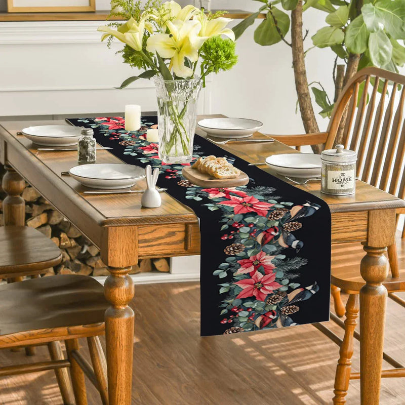 Axyaa Festive Table Runner - Christmas Bird Poinsettia Holly Fir Pine Cone