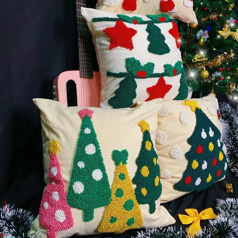 Axyaa Christmas Tree Circle Velvet Embroidery Linen Pillow Cover