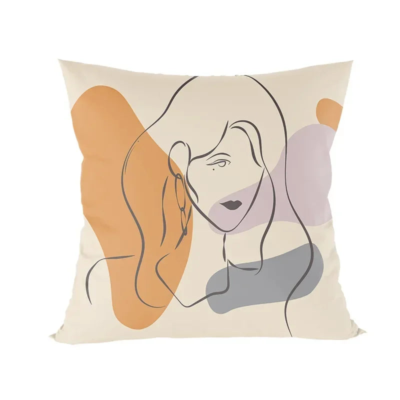 Abstract Line Drawing Girls Print Cushion Cover 45x45cm by Axyaa