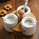 Axya Ceramic Spice Jars Set with Wooden Stand - 3-Piece Kitchen Seasoning Box