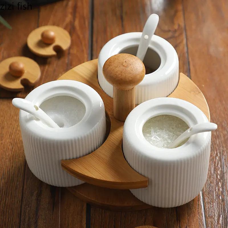 Axya Ceramic Spice Jars Set with Wooden Stand - 3-Piece Kitchen Seasoning Box
