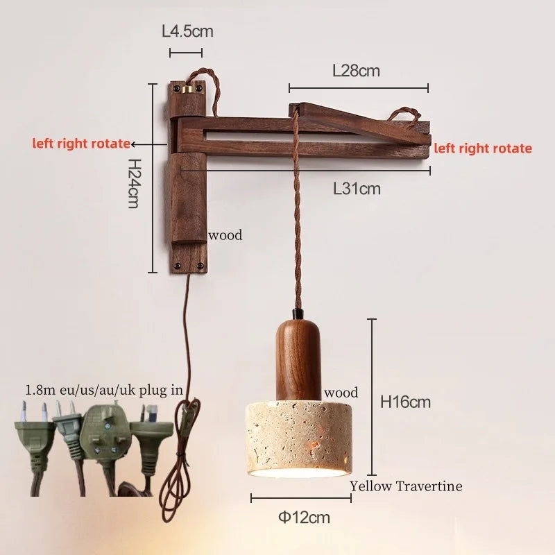 Axyaa Wood Stone LED Wall Lamp with Pull Switch, Stretching and Folding for Home Lighting