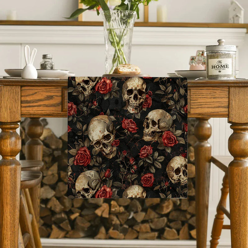 Axyaa Skull Rose Table Runner: Washable, Indoor Outdoor Dining Decoration