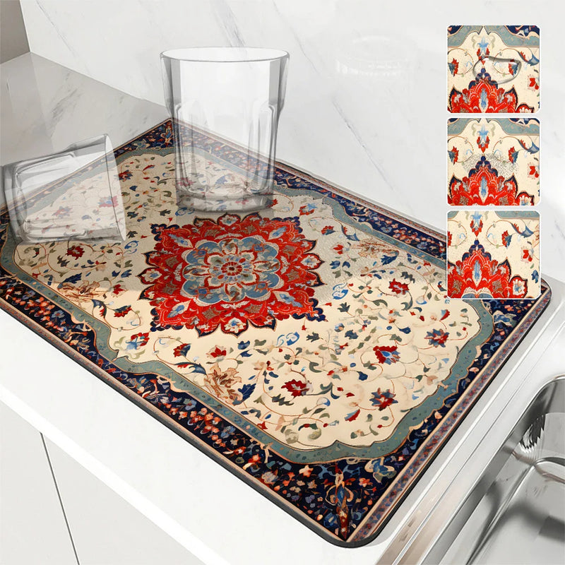 Axyaa Paisley Drying Mat: Absorbent, Antiskid, Quick Dry, Kitchen & Bathroom Tableware Drain Pad