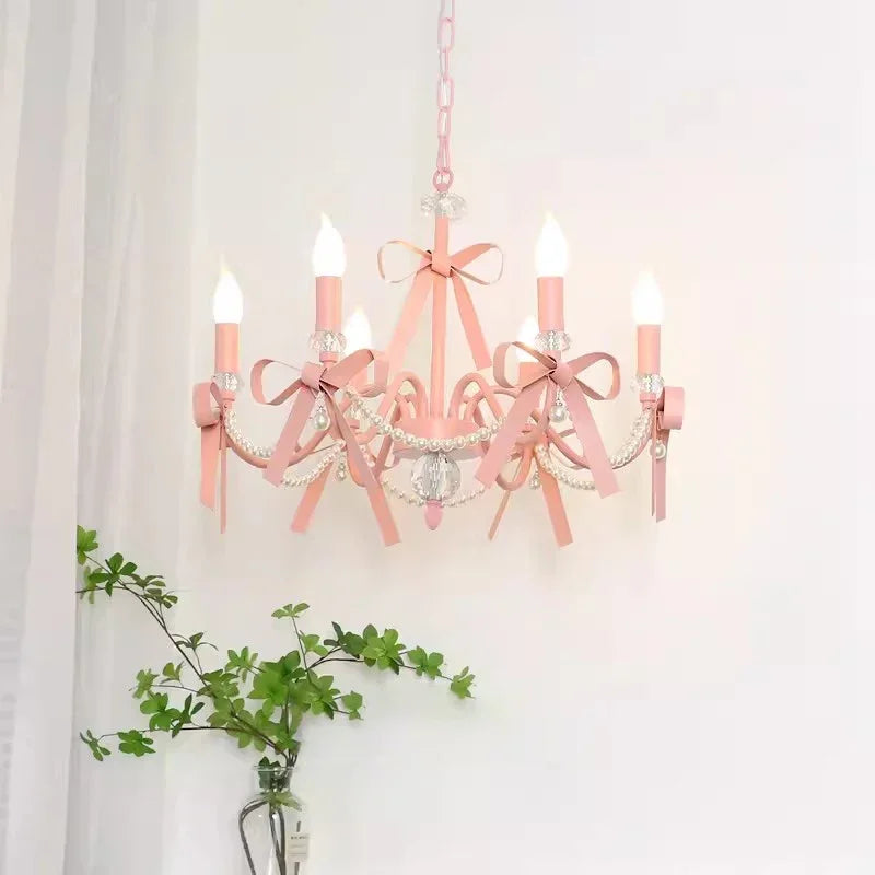 Axyaa Pink Chandelier Bow Pendant Lights for Romantic Home Decor