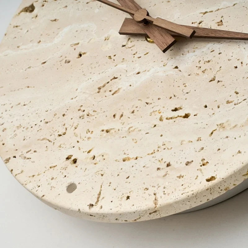Axyaa Stone Clock LED Wall Light Yellow Travertine Wooden Pointer for Living Room