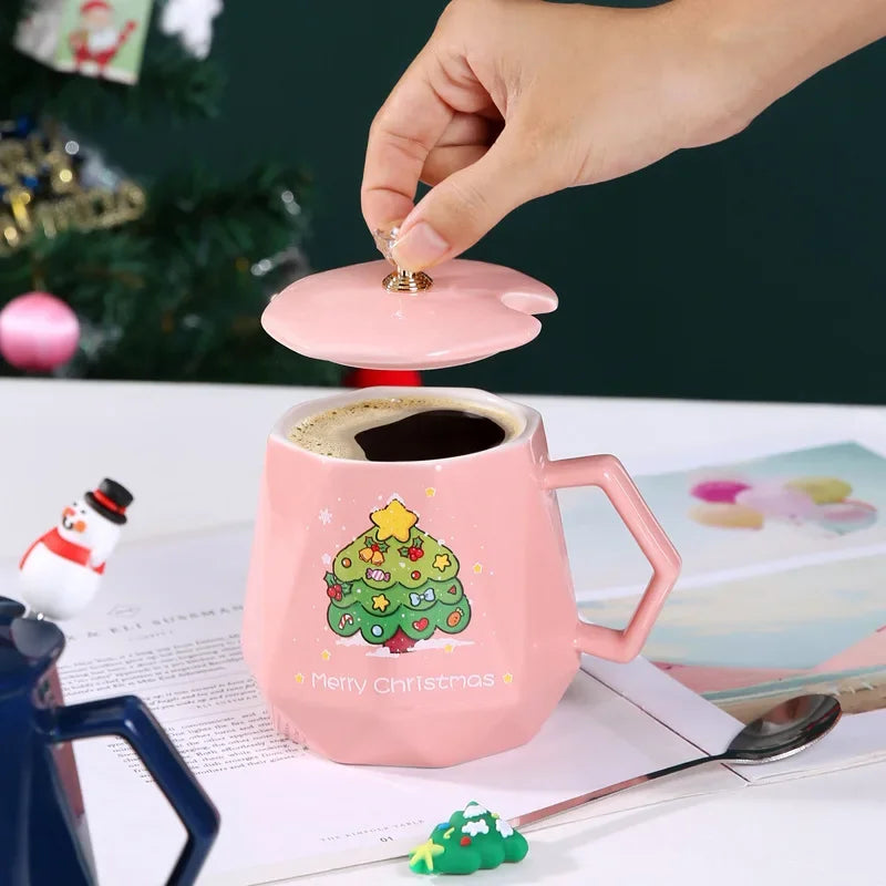 Axyaa Christmas Ceramic Mug Set with Lid and Spoon - Festive Xmas Gift Cup