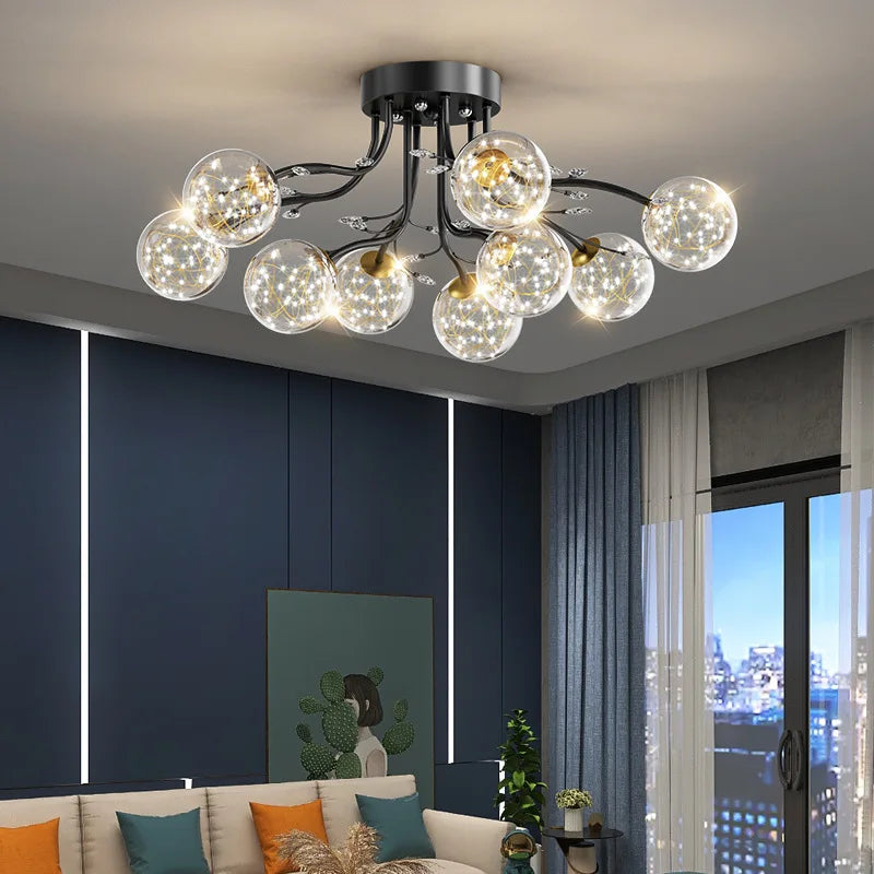 Axya Black Gold Glass Bubble Chandelier: Modern LED Crystal Pendant Lamp