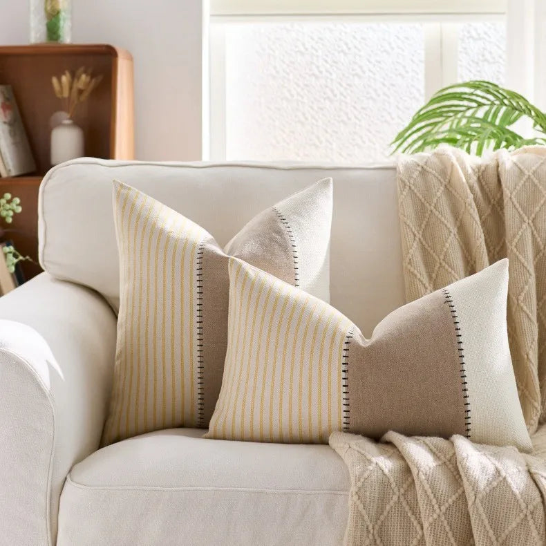 Cream Tan Two Tone Striped Pillow Cover for Home Sofa Couch Living Room by Axyaa