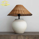 Axyaa Wabi-sabi Ceramic LED Table Lamp with Rattan Weaving Design