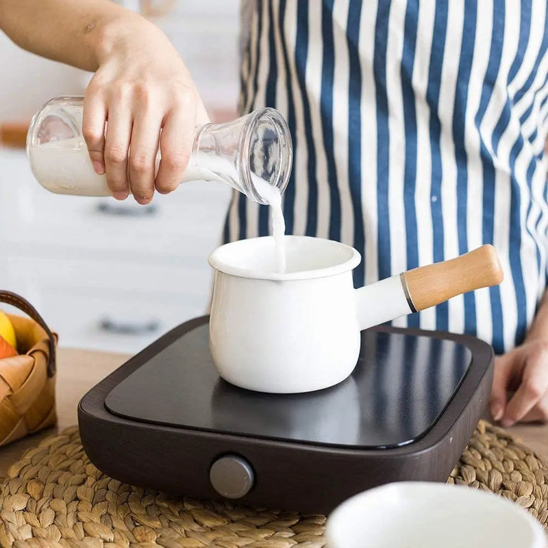 Axya Enamel Coffee Milk Pot Wooden Handle Saucepan Cookware Butter Pan Gas Stove