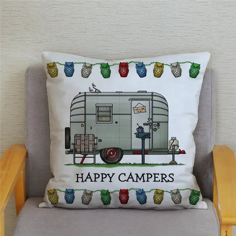 Happy Campers Owl Motorhome Print Pillow Case by Axyaa