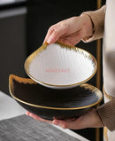 Axyaa Black Gold-Plated Tableware Set: Salad Bowl, Dessert Plate, Soup Plate