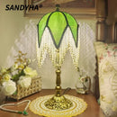 Axyaa Tassel French Floor Lamp Retro Green Patterned Fabric Lampshade Princess Bedroom