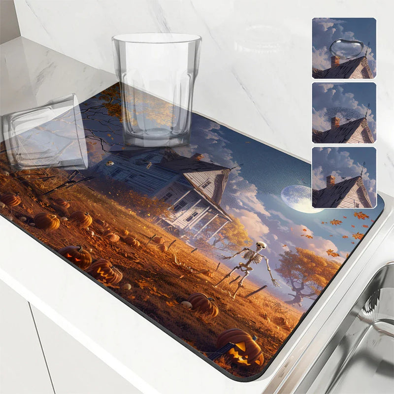 Skeleton Farmhouse Drying Mat by Axyaa: Non-Slip Absorbent Kitchen Counter Mat