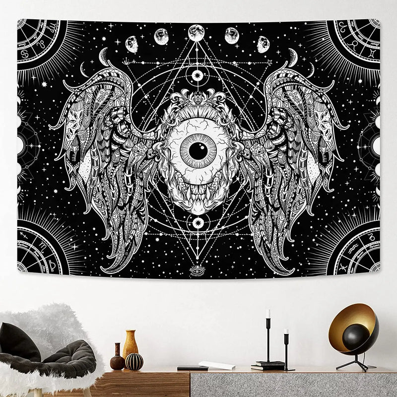 Axyaa Angel Wings Tapestry: Black & White Boho Trippy Hippie Wall Hanging
