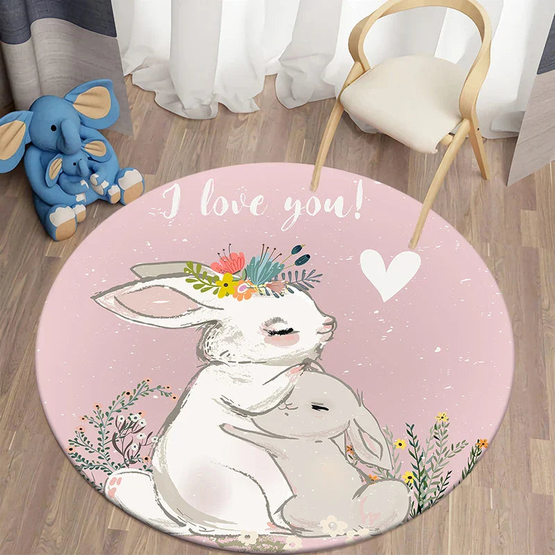 Round Rabbit Print Rug for Kids' Room | Axyaa's Cartoon Rabbit Mat