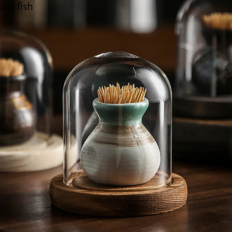 Axya Retro Ceramic Toothpick Box Glass Cover Holder