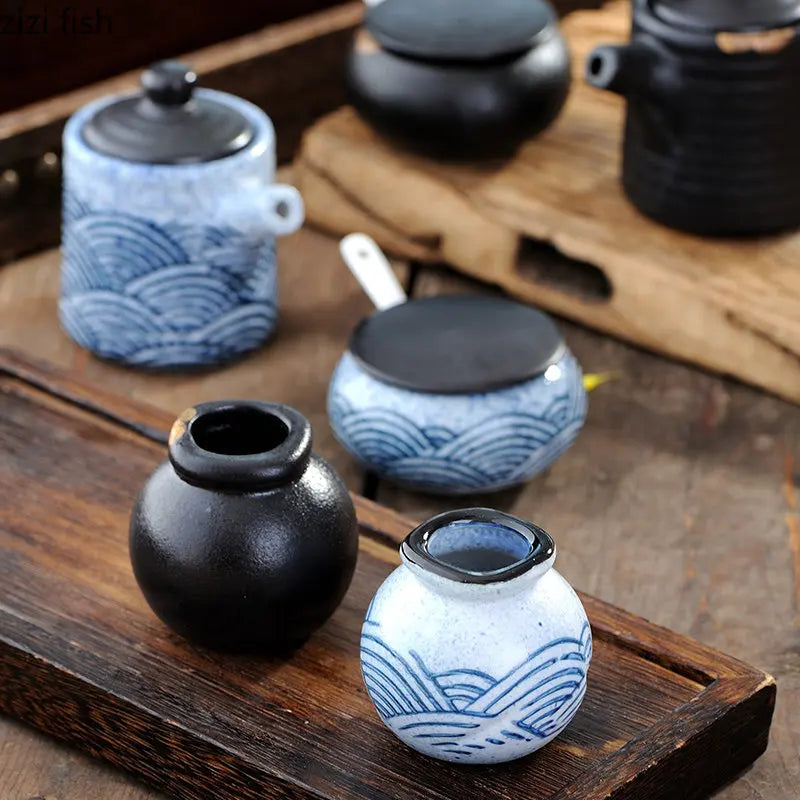 Axya Ceramic Spice Jars Set with Wooden Tray - Kitchen Seasoning Organizer