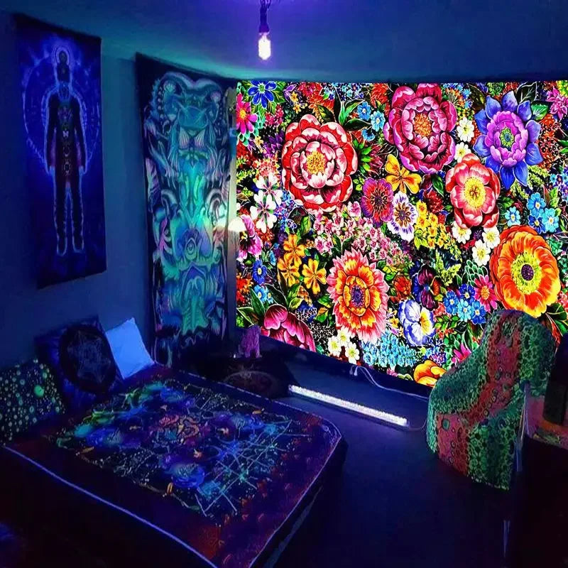 Axyaa Black Light Tapestry - UV Reactive Psychedelic World Hippie Wall Hanging