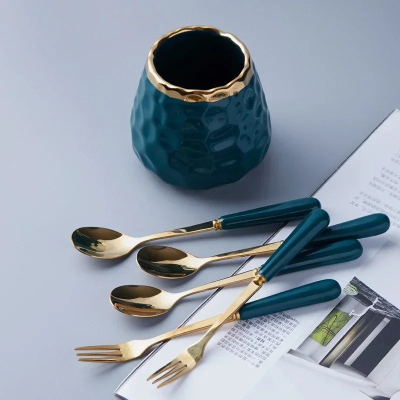 Axyaa Ceramic Storage Container Mini Utensil Set Nordic Style Gold Edge Smooth Texture
