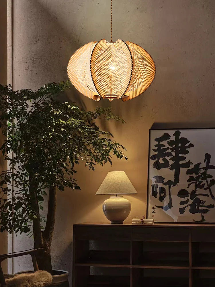Axyaa Wabi Sabi Pendant Lights: Rustic Hemp Rope Wood Chandelier for Living Room & Bedroom