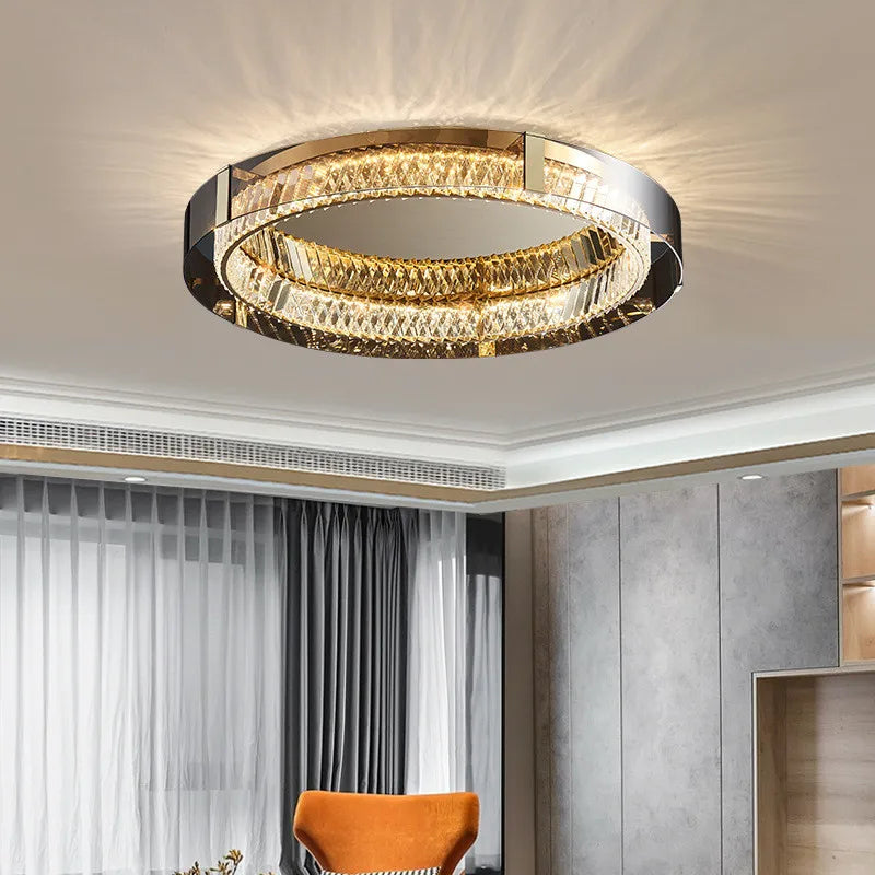 Axyaa Modern Luxury Dimmable K9 Crystal LED Ceiling Lamp, Gray Glass Steel Body Lighting