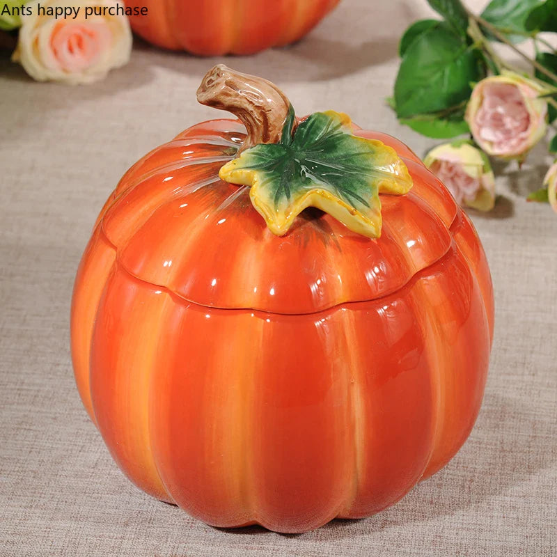 Axya Hand-Painted Pumpkin Storage Jar with Cover - Decorative Food Storage Box