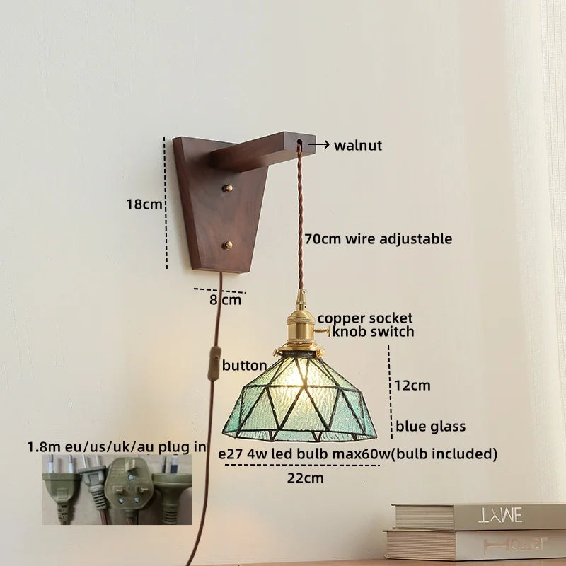 Axyaa Nordic Glass Walnut LED Wall Lights with Pull Chain Switch for Bedroom