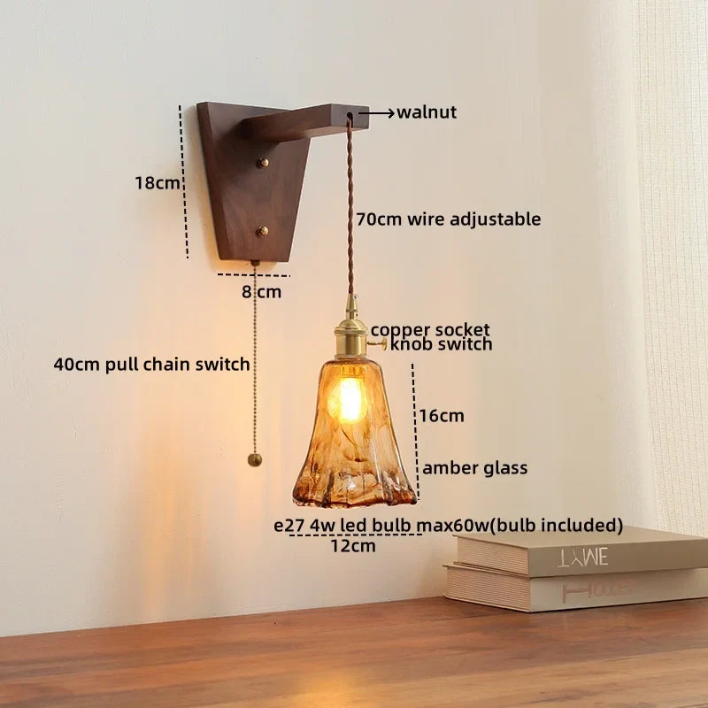 Axyaa Nordic Glass Walnut LED Wall Lights with Pull Chain Switch for Bedroom