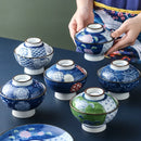 Axya Blue White Ceramic Kimchi Bowl with Cover - Classic Soup Stew Rice Ramen Dish